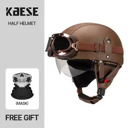 Casco Vintage de media cara para motocicleta para hombre y mujer, Unisex, negro, marrón, aprobado por DOT