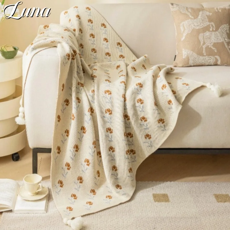 

High Quality Acrylic Fiber Flower Throw Blanket Spring Autumn Soft Office Nap Blankets for Beds Rose Pattern Sofa Knitted Throw