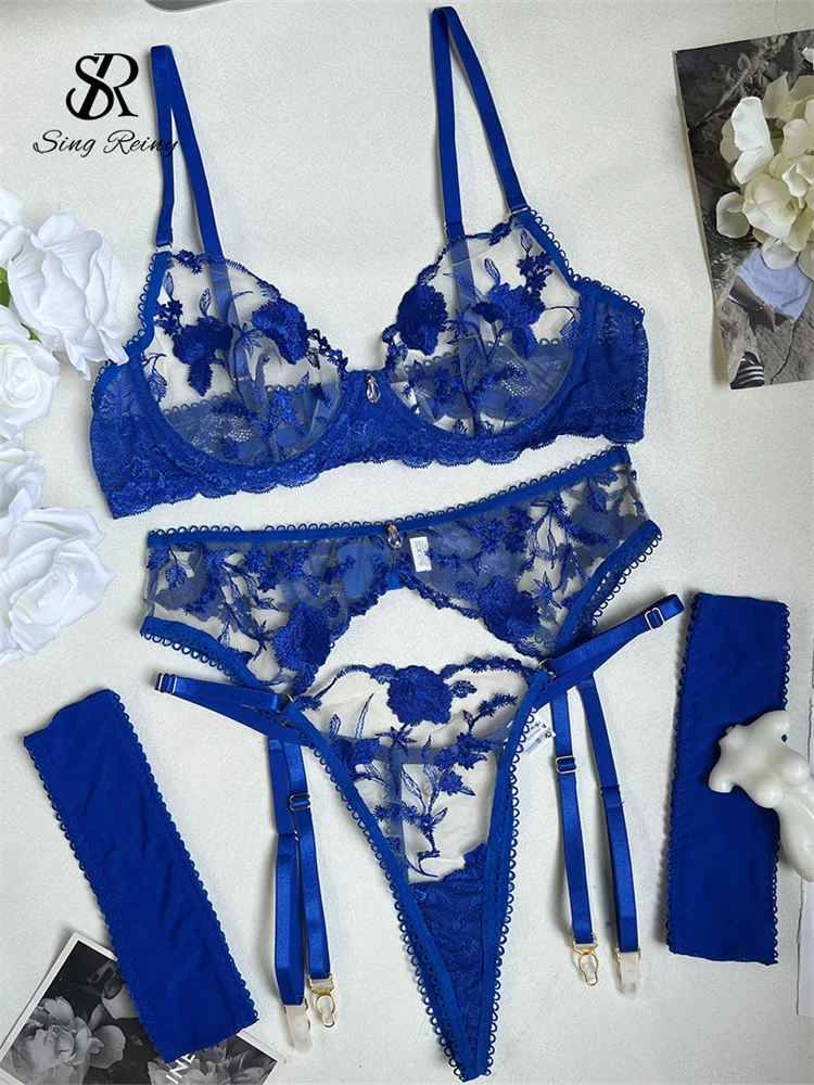 

SINGREINY Porno Embroidery Spliced Sheer Women Lingerie Sets Female Garter Slim Shapewear Transparent Sexy Club Underwear Suits