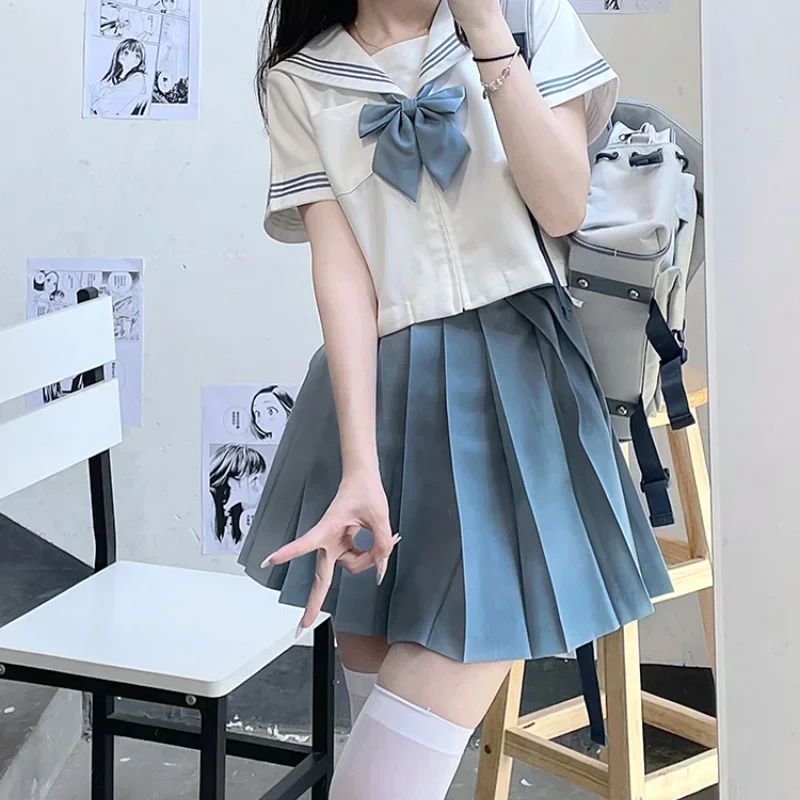 2024 New Japanese JK Uniform Preppy Style Summer and Autumn Blue White Long Short Sleeves Top Pleated Skirt Bow Suit For Girls