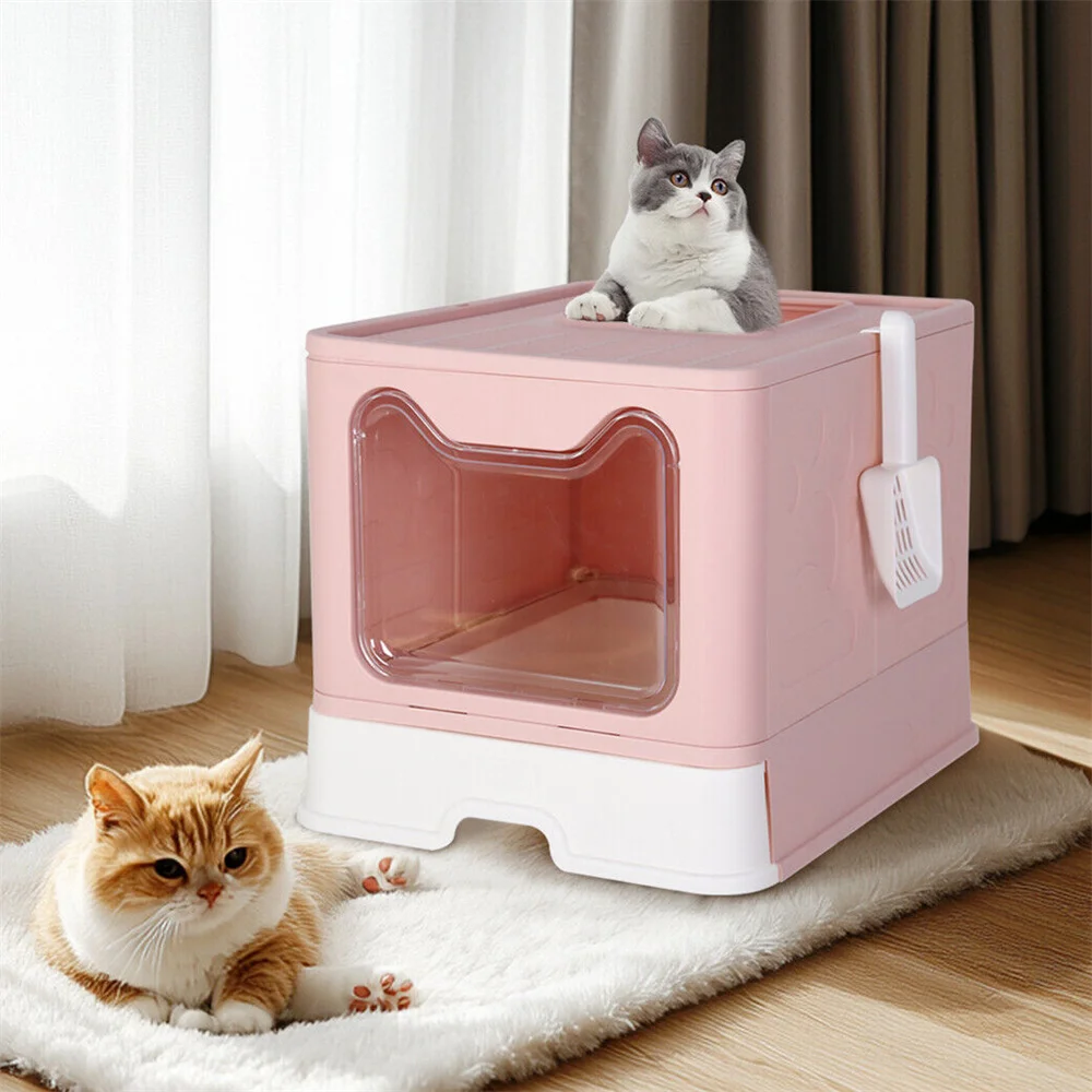 

Large Pink Cat Litter Box Tray Top Entry Cat Toilet with Lid Hooded Kitten Litter Drawer Tray with Scoop No Smell Easy Cleaning