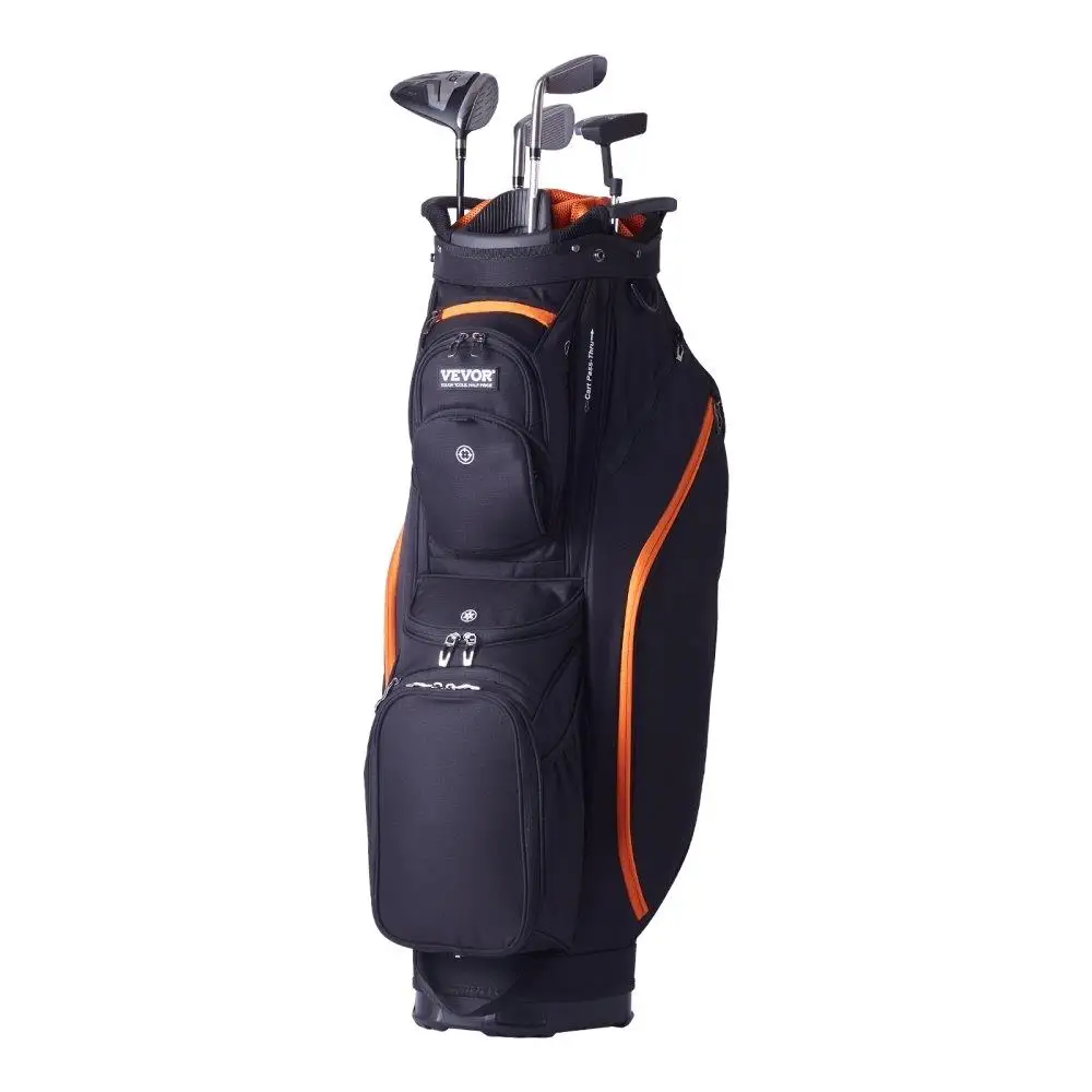 

Golf Cart Bag 14 Way Organizer 13 Pockets Durable Premium with Handles Detachable Straps Dust Cover Black Orange