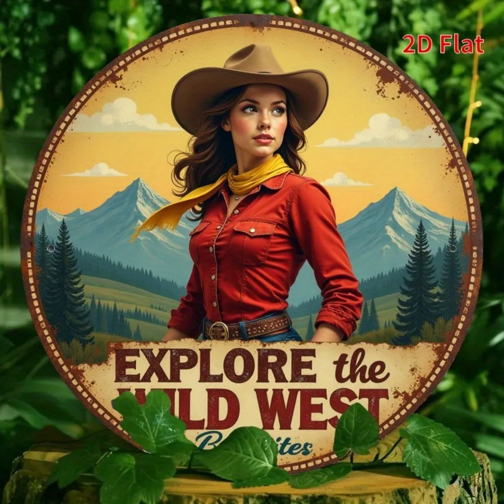 Vintage Western Cowgirl Eisen Schild, 2D flache runde Wandkunst mit „EXPLORE THE WILD WEST“ Text, rustikales Naturdekor