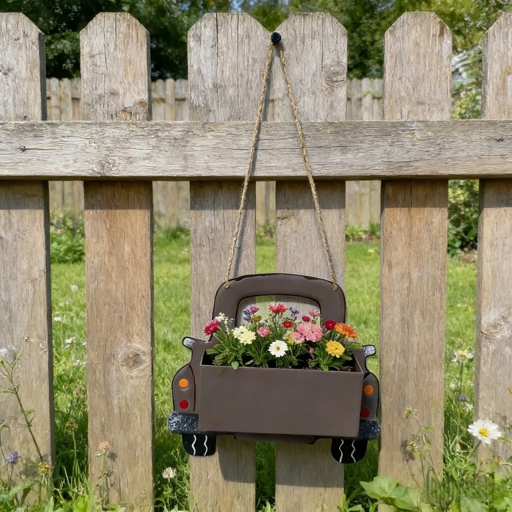 Creative Iron Truck Shaped Flower Pot Retro Cartoon Cute Hanging Truck Planter Decorative Wall Mounted Flower Pot Garden