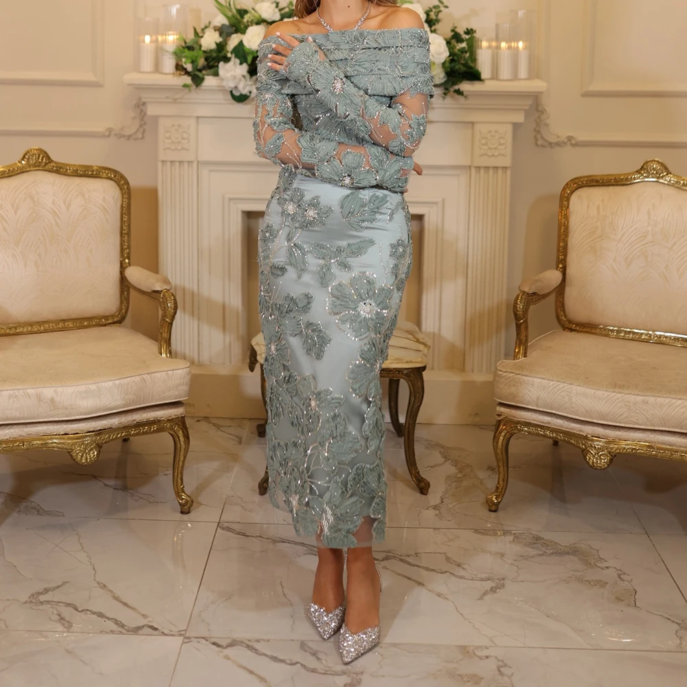 

Straight Women's Evening Dresses Ankle-length Off The Shoulder Full Sleeve Prom Gown Fashion Flowers Crystal Customized Gowns