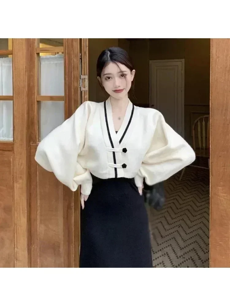 Solid Color Loose Sweet Gentle Chinese Style Knitted Long Sleeves Women\'s Cardigan Short Coat Korean Version V Neck