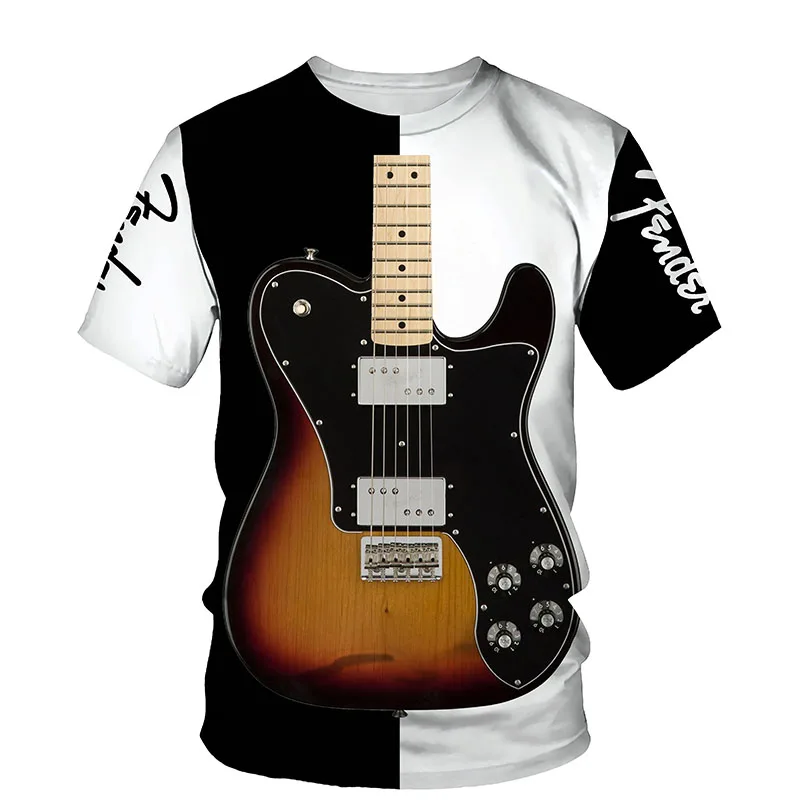 Summer New O-neck Short-sleeved T-shirt 3D Art Guitar Printing Shirt Men\'s Fashion All-match Harajuku Literary Fan Casual Top