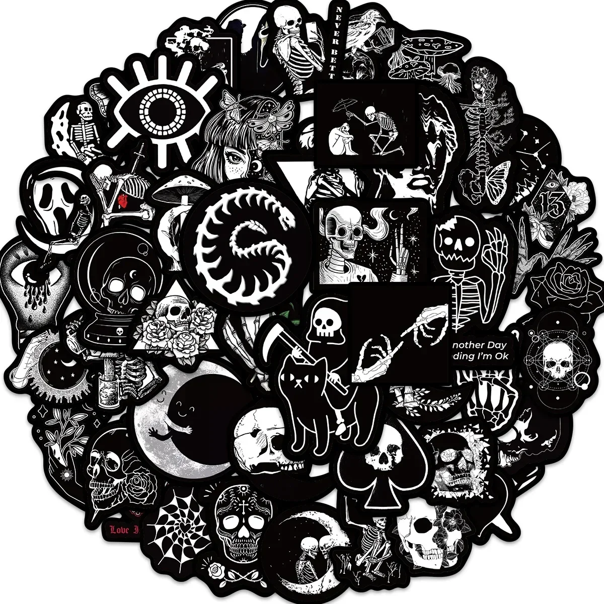 50Pcs Black White Gothic Graffiti Stickers Skull DIY Motorcycle Laptop Phone Helmet Car Stationery Bike Cool Decals Toys