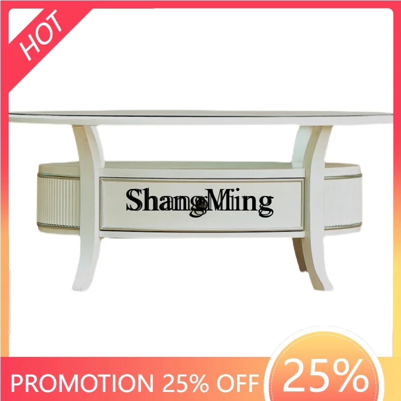 

FG light luxury solid wood coffee table modern simple household two-layer coffee table round glass desktop