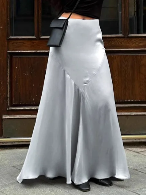 

High End Satin Temperament Slit Skirt Summer High Waisted Solid Color Temperament Elegant Slit Fairy Style Slim Fit A-Line Skirt