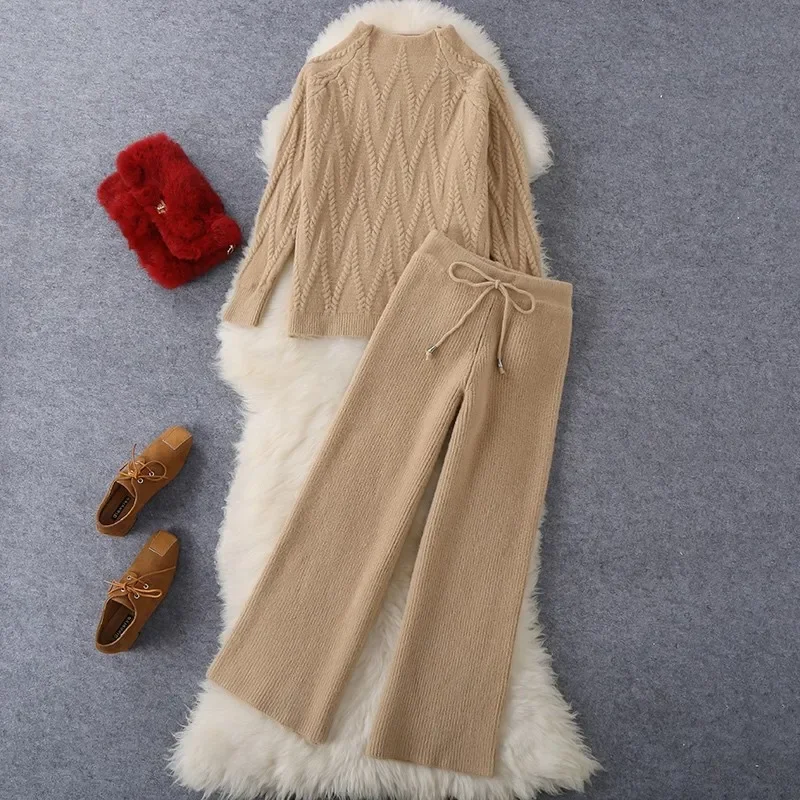 

2024 Chic Knit 2 Pieces Sets Korean Hooded Knitwear Pullover Tops Women Casual High Waist Wide Leg Sweatpants Tracksuit New
