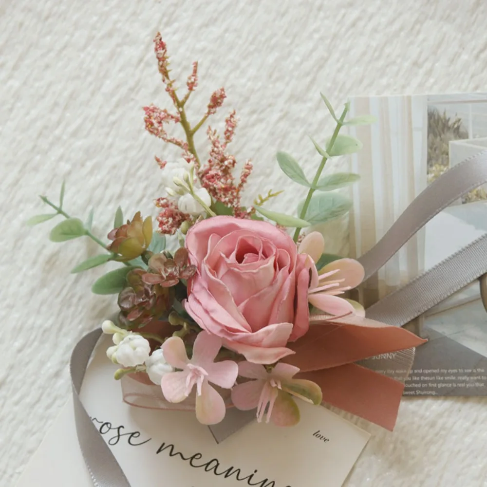 الزفاف الزهور الاصطناعية الحرير الوردي العروة الشريط المعصم الصدار Botonier الفقرة Novio Boda