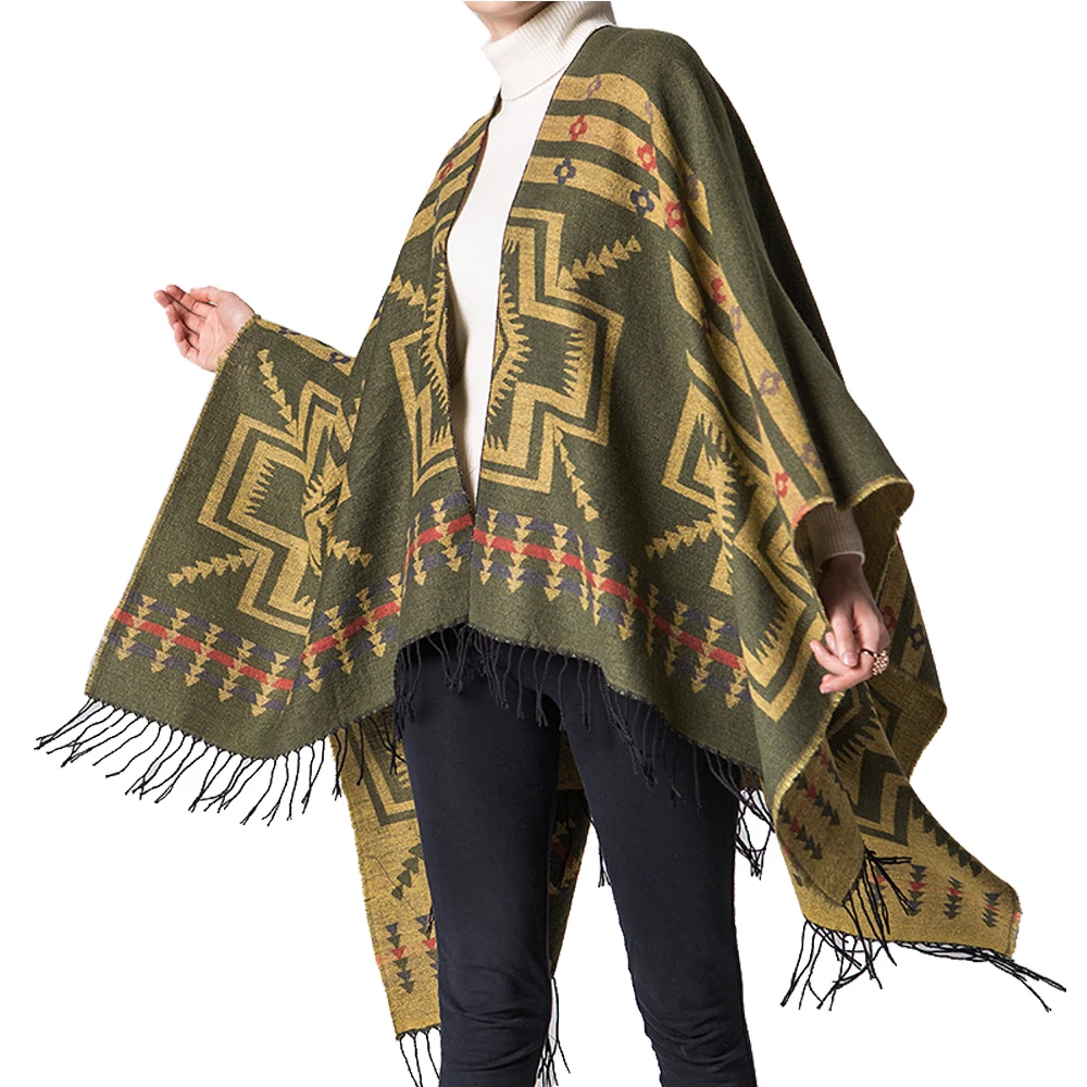 European American Cross Plum Blossoms Tassel Warm Cashmere Thick Poncho Ethnic Prints V-neck Winter Cardigans Shawl Poncho