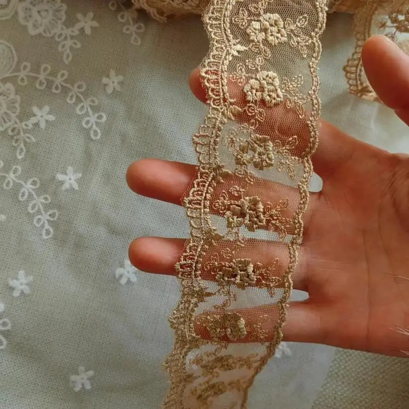 3 Yards Brown GOld Color Embroidery Flower Lace Fabric Tull Mesh Flower Lace Trims DIY Dress Doll 4cm Width Free Shipping