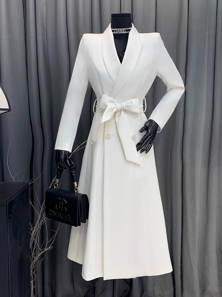 

Ele Pure White Long Women's Coat New Sle Versatile Classic Outerwear OL Sle Commute Polyester Fiber Long Sve Suit