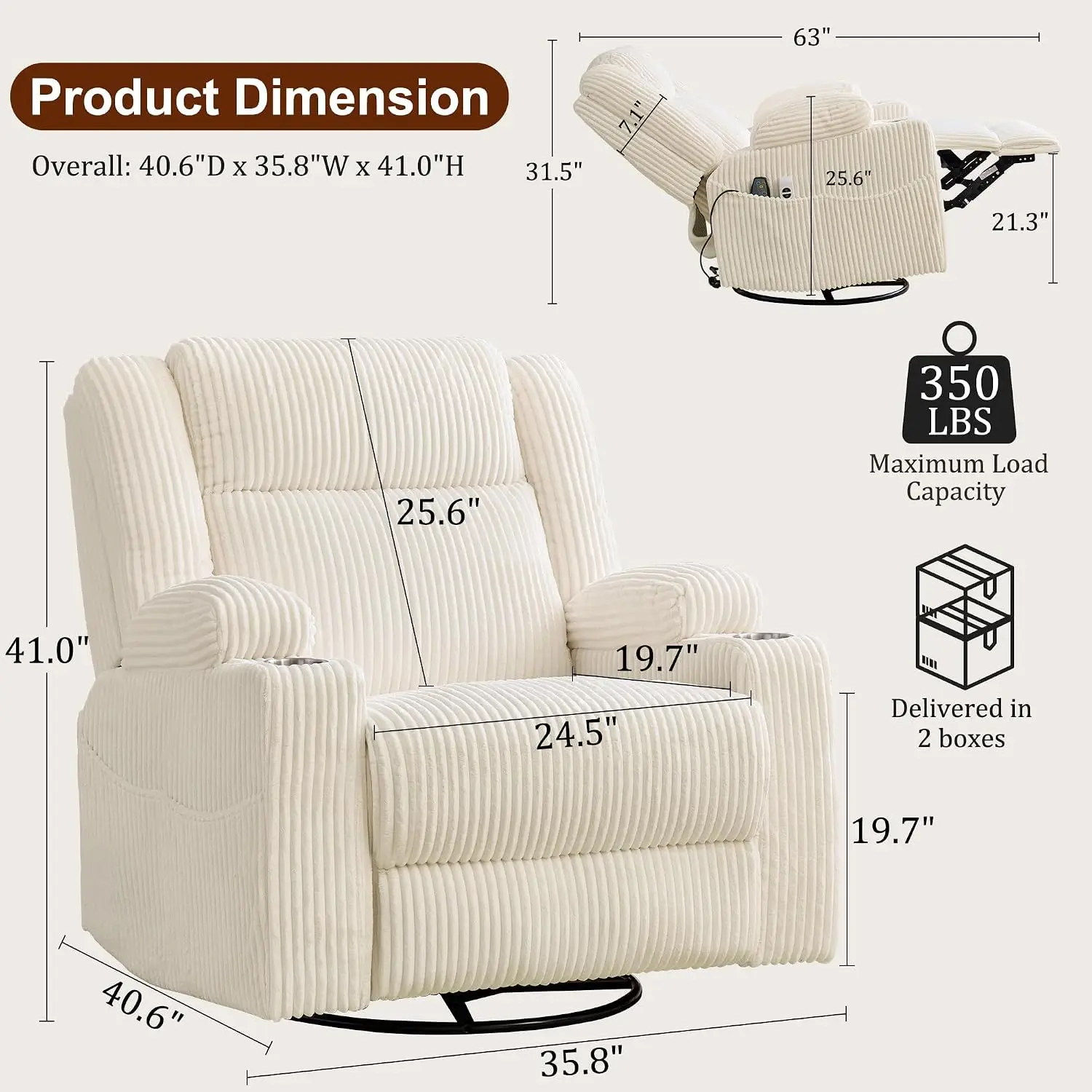 Power Swivel Rocker Recliner with Dual Motor Headrest, 24