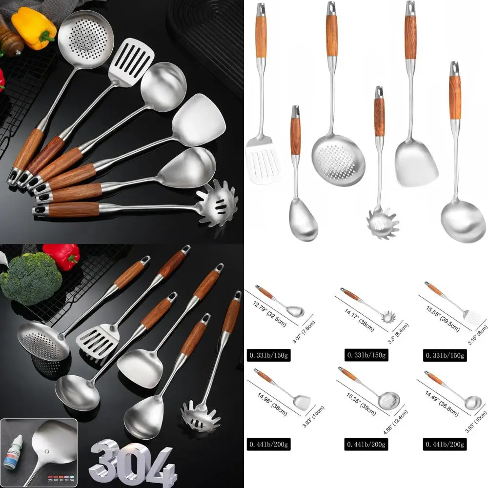 

Набор кухонной утвари из нержавеющей стали 15 из 6 предметов с деревянными ручками: лопаточка для вока, ковш, скиммер, токарный станок с прорезями, ложка для спагетти