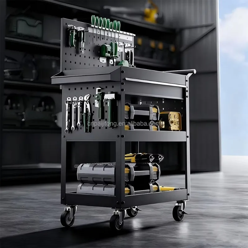 

2026 Black 3 Layers Trolley Cart Wheels Car Garage Cabinet Workshop Cart With Hanging Board