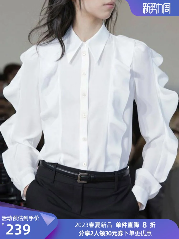 Spring 2023 New Ruffle Top Comfortable Fashion Design Sense White Shirt Girl