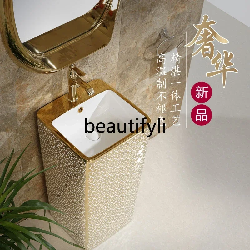 

Luxury high-end gold integrated column basin European-style wash basin Floor-to-ceiling wash Bathroom face