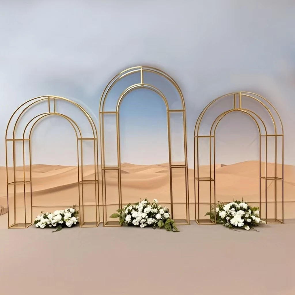 Luxury shiny golden arch background flower stand, irregular shape flower stand, wedding decoration, Valentine's Day party