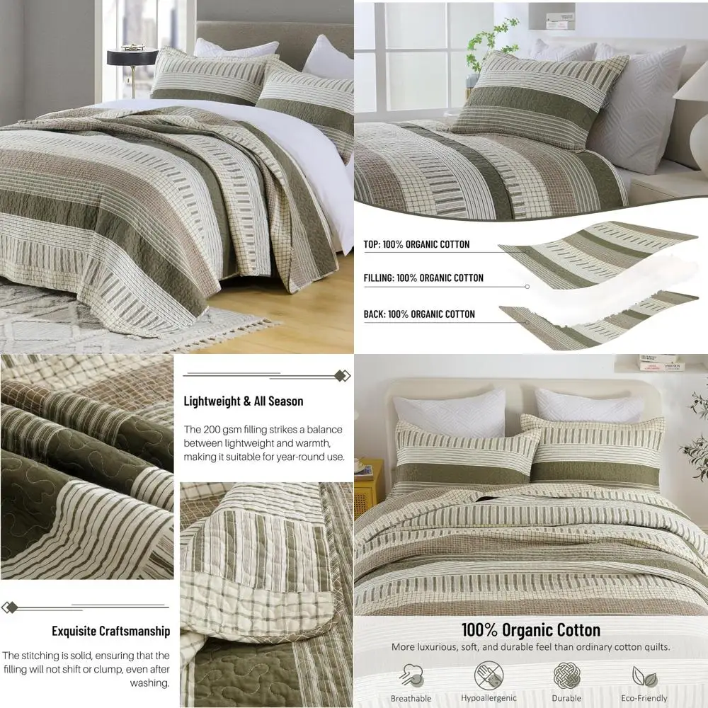 

Cotton Green and Beige Striped King Size Quilted Bedspread, Reversible Lightweight Cover for Beds
