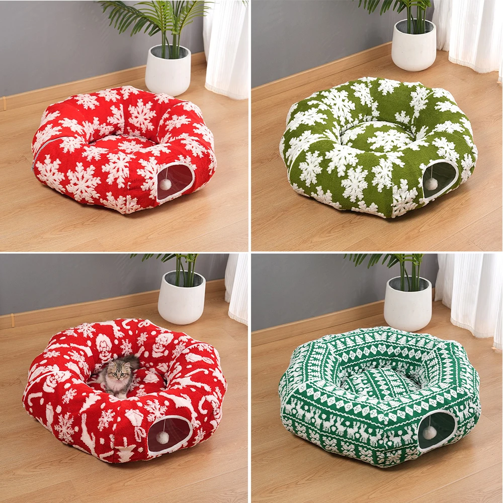 

94cm Round Pet Bed for Cats Puppy Christmas Kitten Donut Beds Super Soft Cat Tunnel Plush House Winter Warm Sleeping Noël 고양이침대