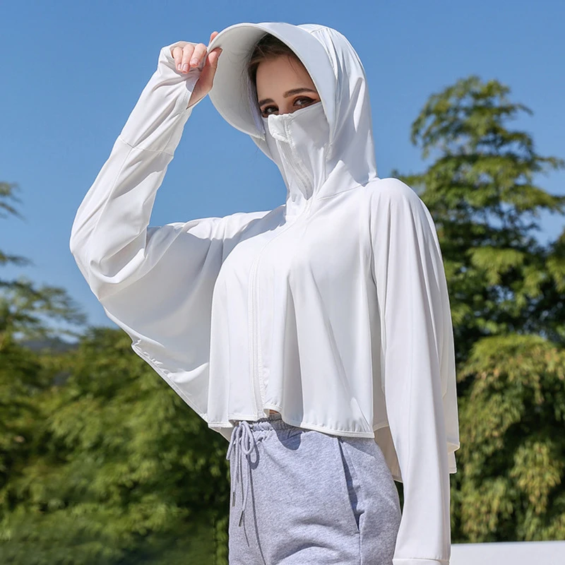 Women Sunscreen Hoodie Long-sleeved Solid Color And Thin Jacket Breathable UV Protection Shirt Ice Silk Clothing