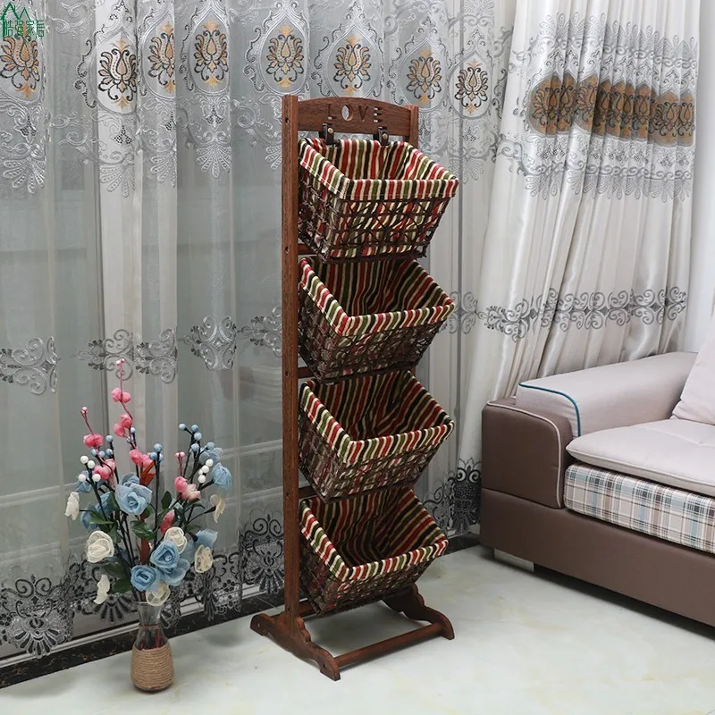 

Hot Sales Storage Basket Floor to Floor Living Room Shelf Bedroom Solid Wood Rattan Hanging Basket Simple Modern Multi-layer