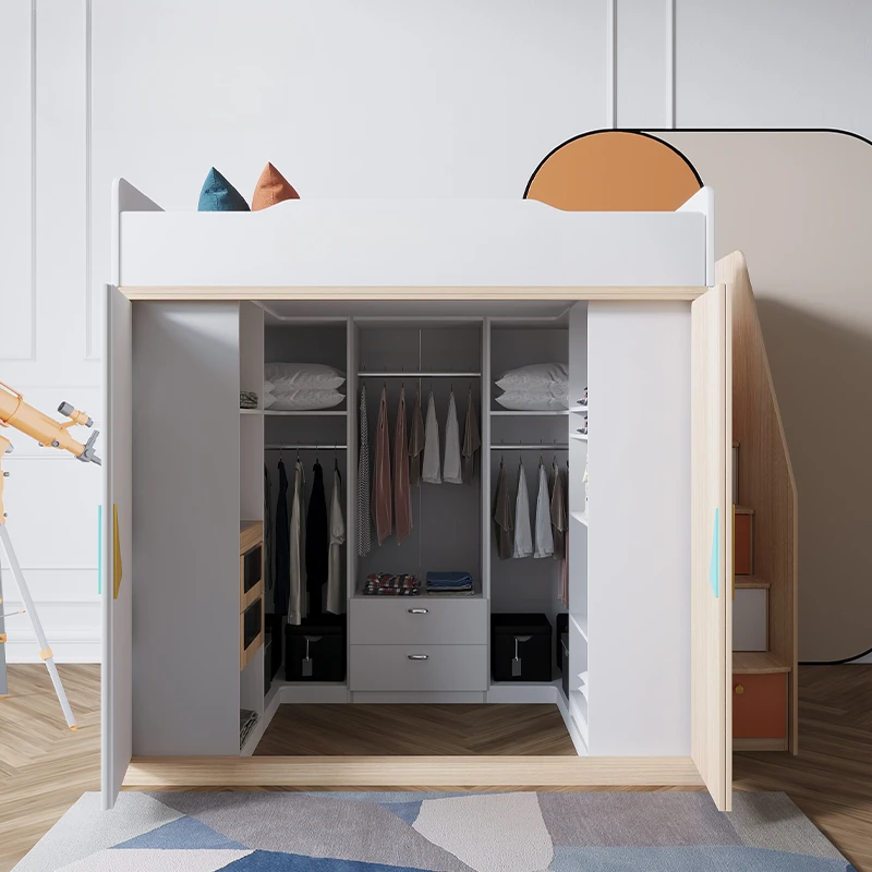 Small apartment cloakroom, high and low beds, space-saving storage beds, modern simple combination wardrobe bed, integrated bed