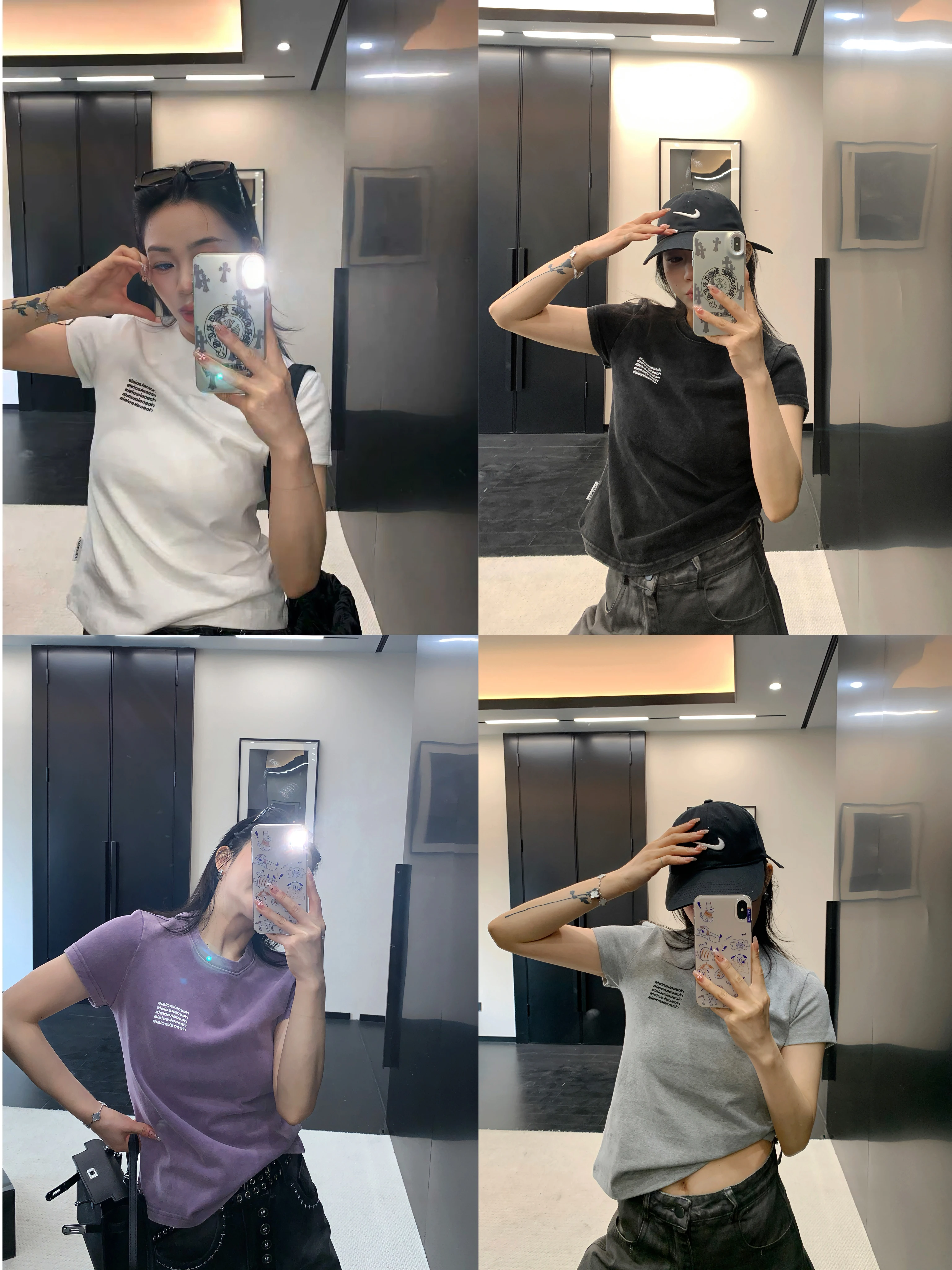 Retro Washed Short Sleeve T-Shirt Women's Slim Fit Chic High-End Feeling Summer Cotton round Neck Print Casual Fashion
