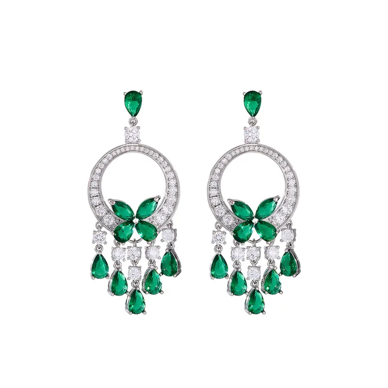 Luxury Cubic Zirconia Sterling Silver Pin Green Butterfly Tassel Dangle Earrings for Women Wedding Engagement Party Jewelry