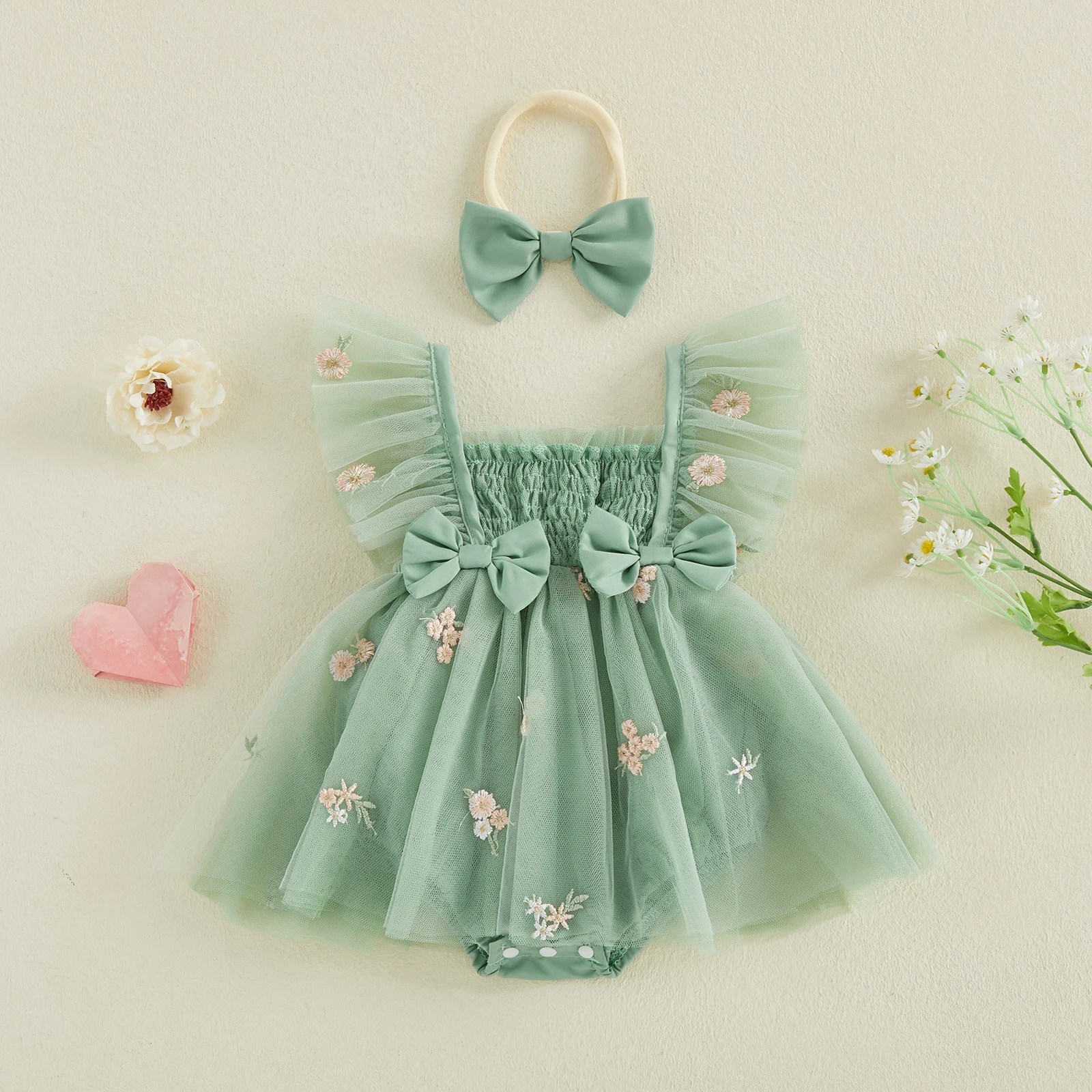 Baby Girl Summer Mesh Bodysuits Dress Outfit Floral Embroidery Flutter Sleeve Tulle Romper Dress Bow Headband 2 Piece Set