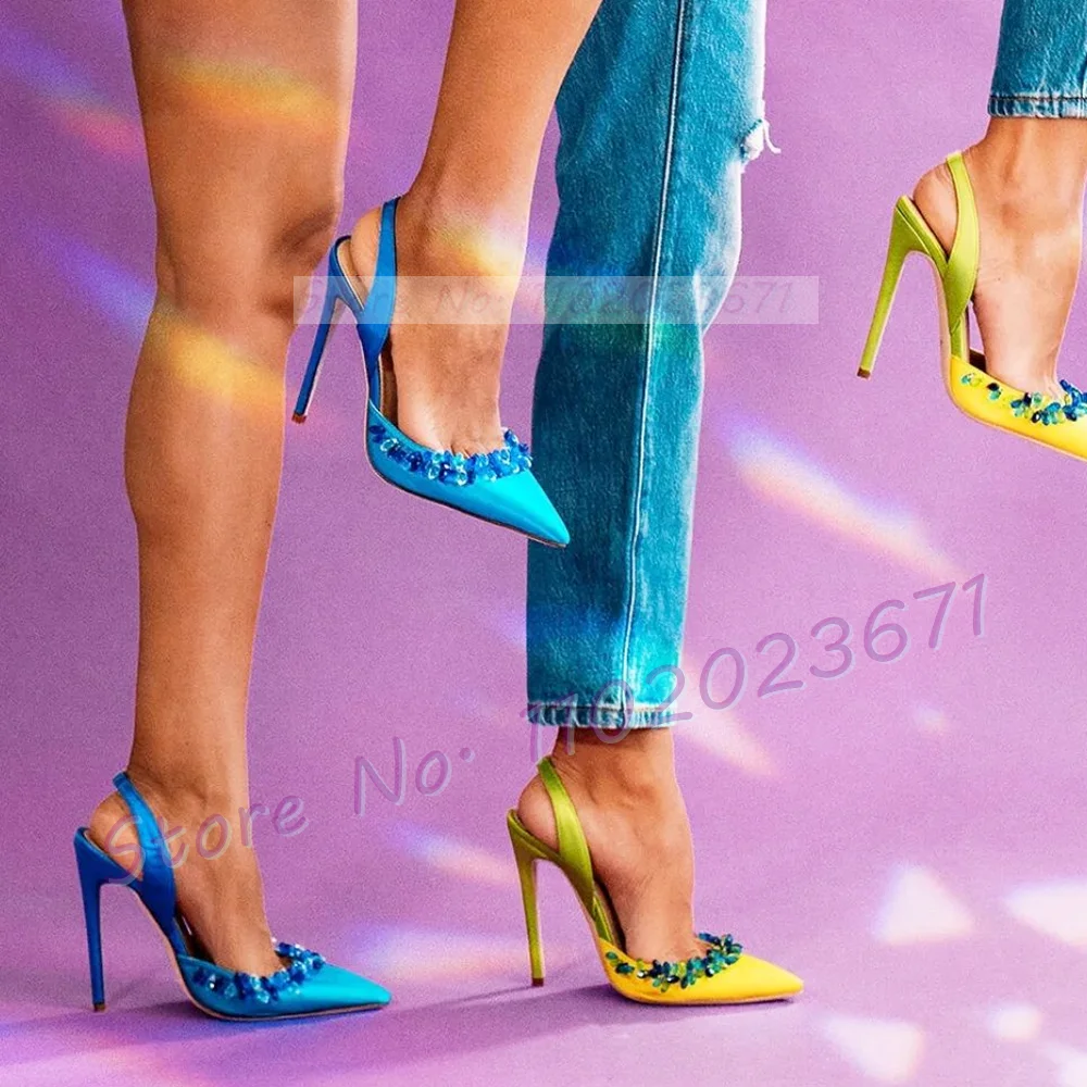 Blue Crystal Trim Elegant Satin Sandals Women Luxury Back Strap High Heels Party Shoes Ladies Summer Chic Pointy Toe Bling Pumps