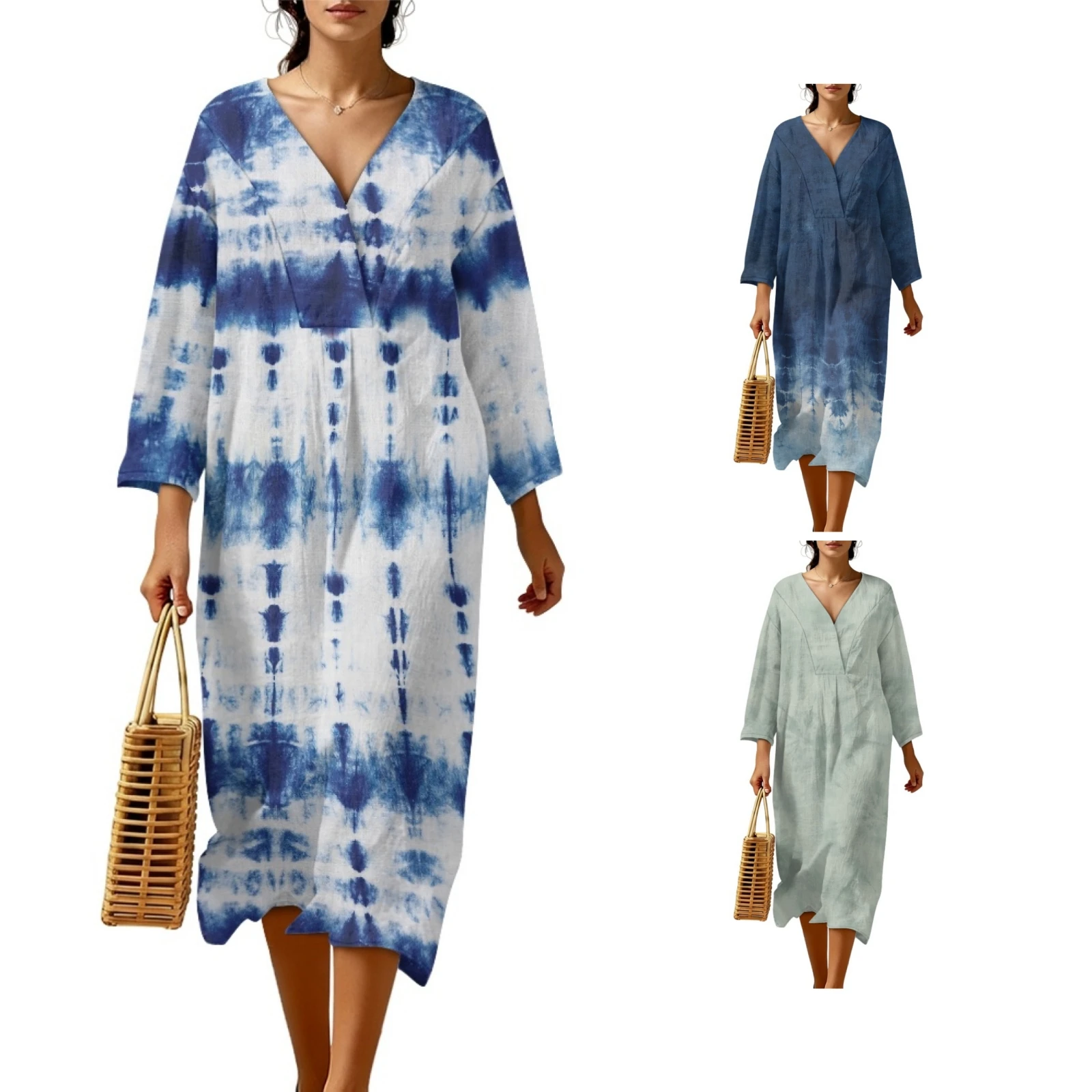 

Women's Linen Loose Dress Fashion Tie-Dye Print V-neck Loose Large Size Casual Vacation Street Thin Long Skirt Female Casual