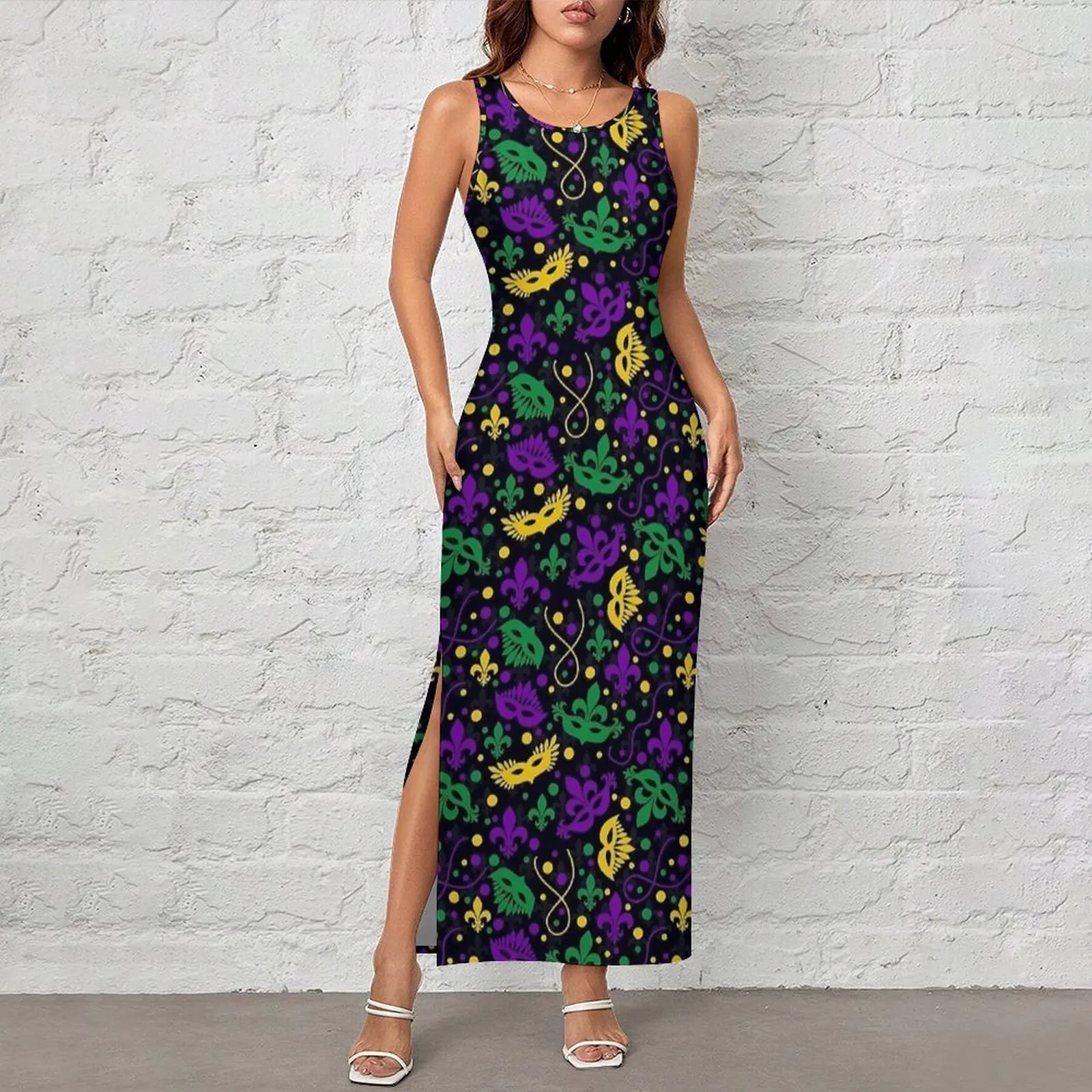 Mardi Gras Mask Fleur De Lis Print Bodycon Dress Summer Pretty Maxi Dresses Womens Sleeveless Graphic Fashion Dress Large Size