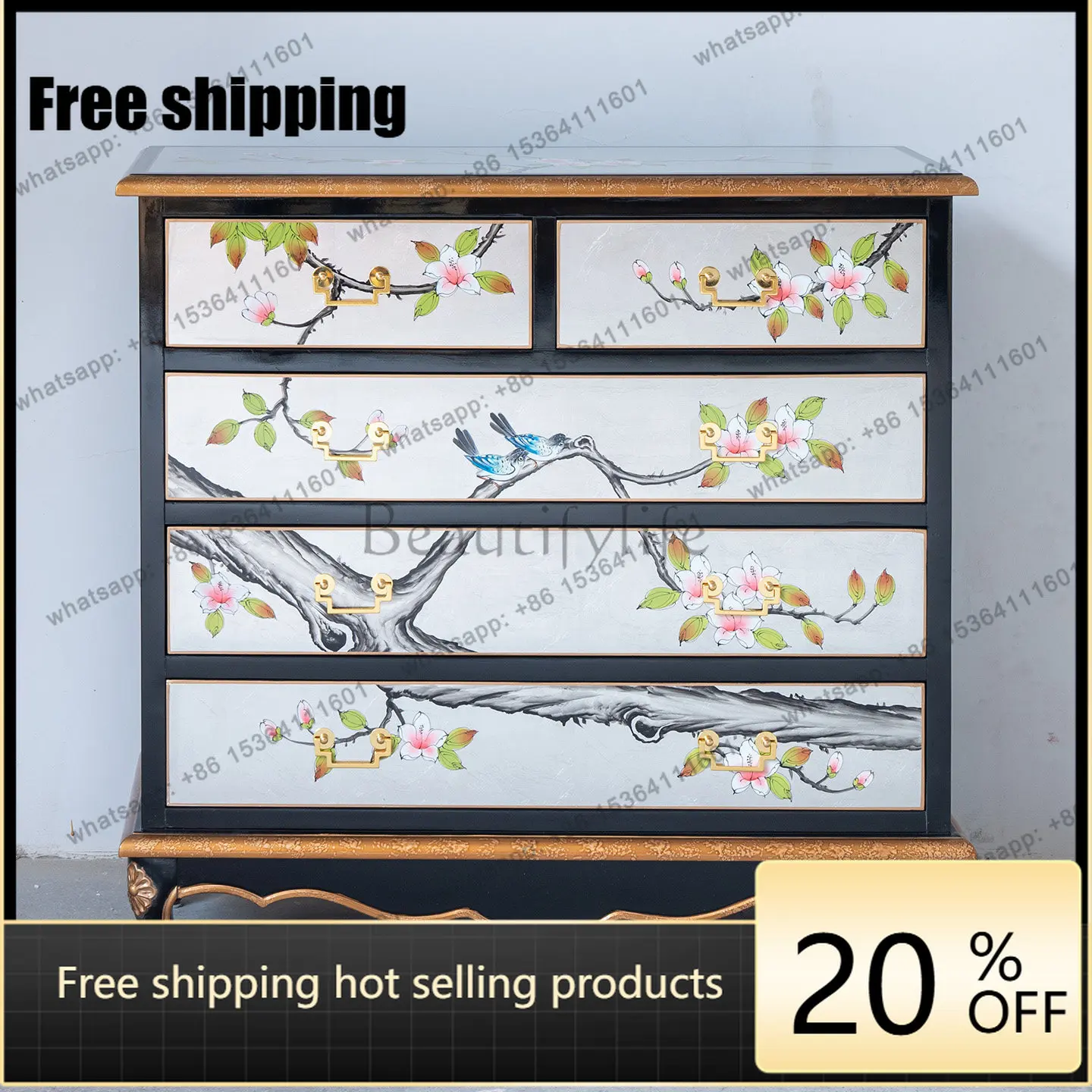 XX retro style painted chest cabinet, new Chinese style multi-pump living room bedroom storage side cabinet