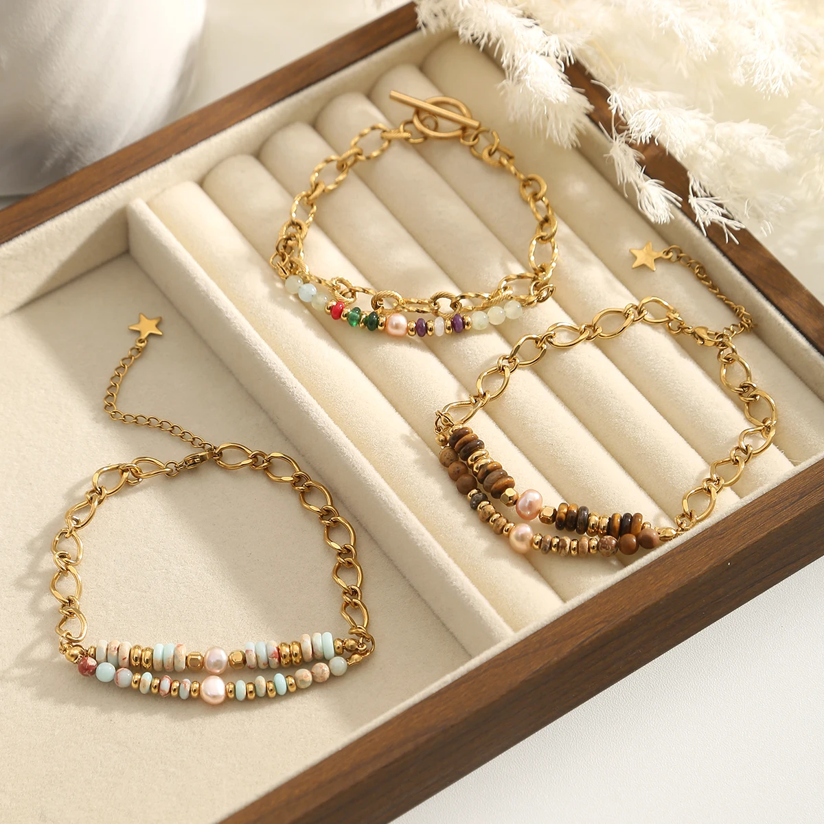Jolivie Stainless Steel Natural Stone Bracelet For Women Daily Fashion Boho Style Jewelry Women's Hand Bracelets christmas gifts