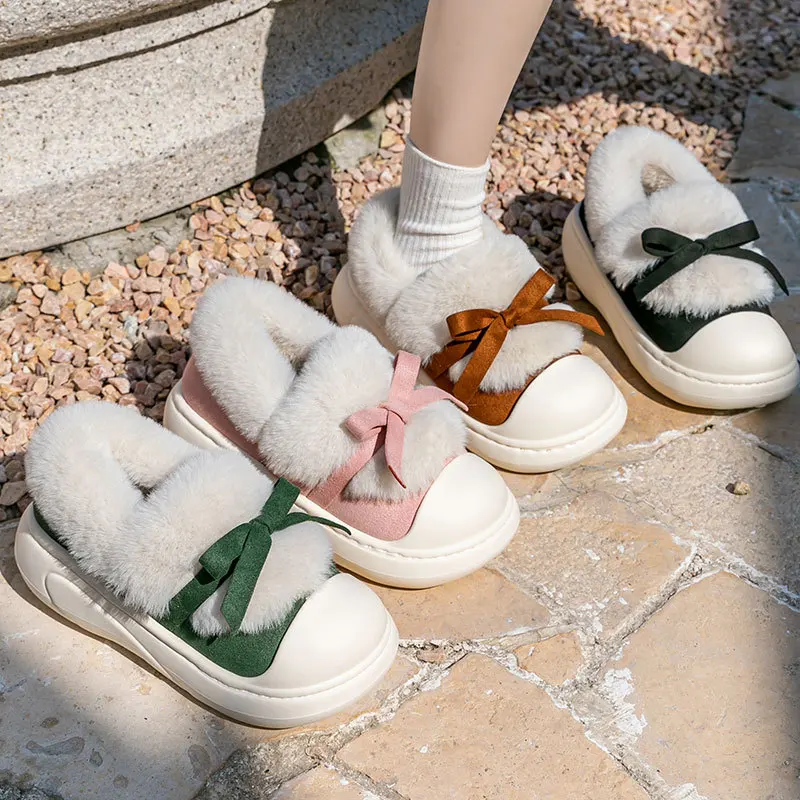 

Ladies Fur Cotton Slippers Home Soft Bottom Women Designer Bow-tie Wrap Heels Snow Boots 2025 Thick Sole Slip-on Fur Booties