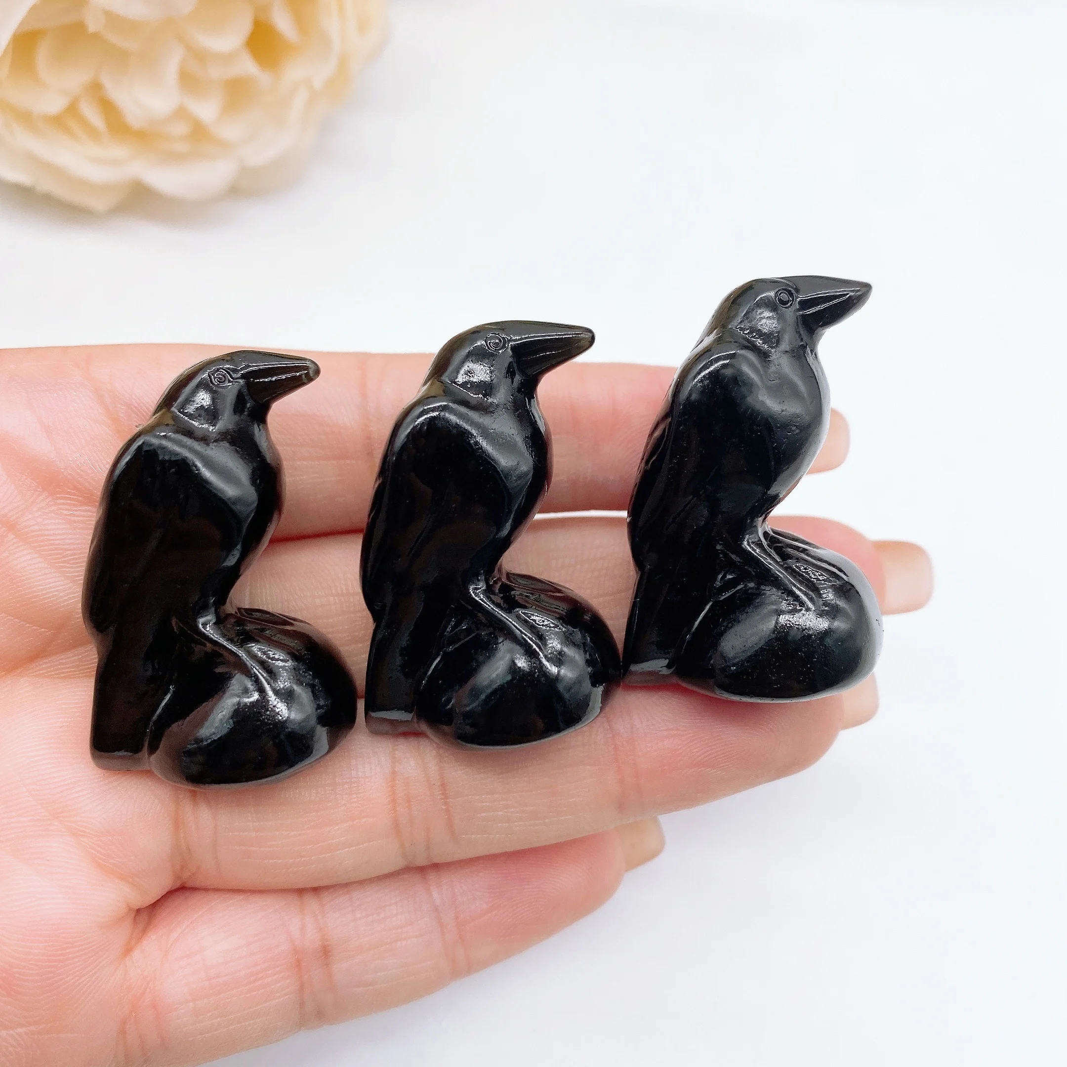 1.3\'\'Raven Statue Natural Obsidian Stone Crow Sculpture Healing Crystal Bird Figurine Animal Lucky Gift Home Decoration