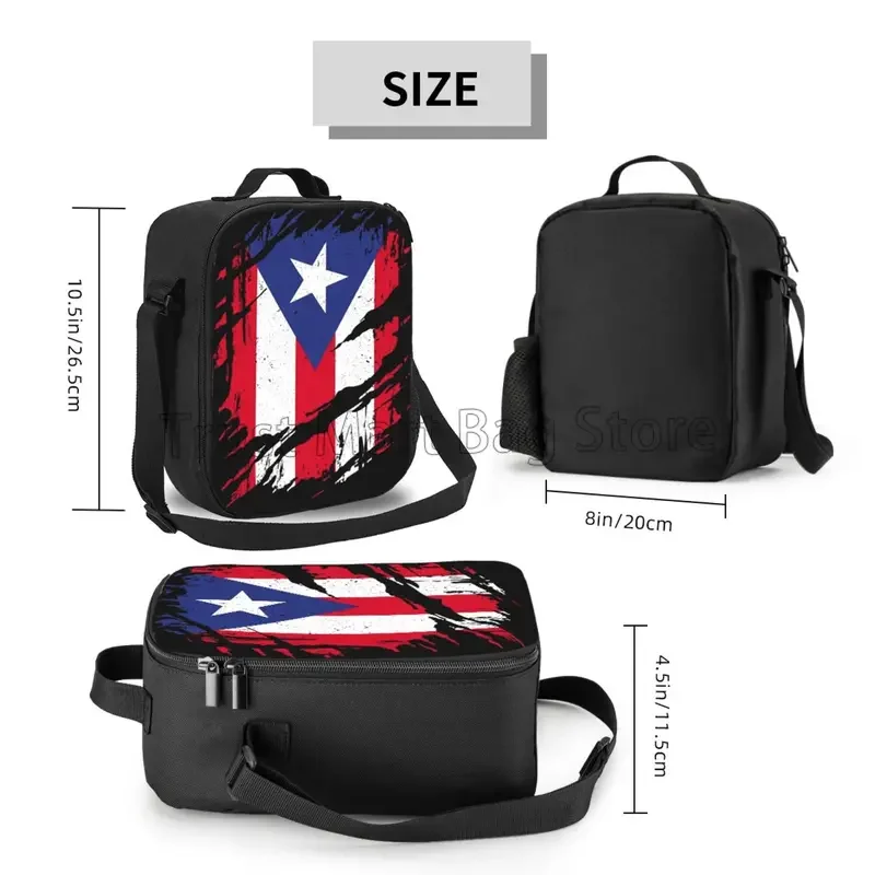 Puerto Rico Flag Print Insulated Lunch Bag Waterproof Reusable Thermal Lunch Box Bento Tote with Adjustable Shoulder Strap