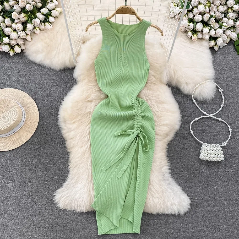 Yuoomuoo Frauen Kleid 2024 Sommer Mode sexy Bandage Split gestrickt Bodycon Kleid lässig ärmellose weibliche Streetwear Outfits