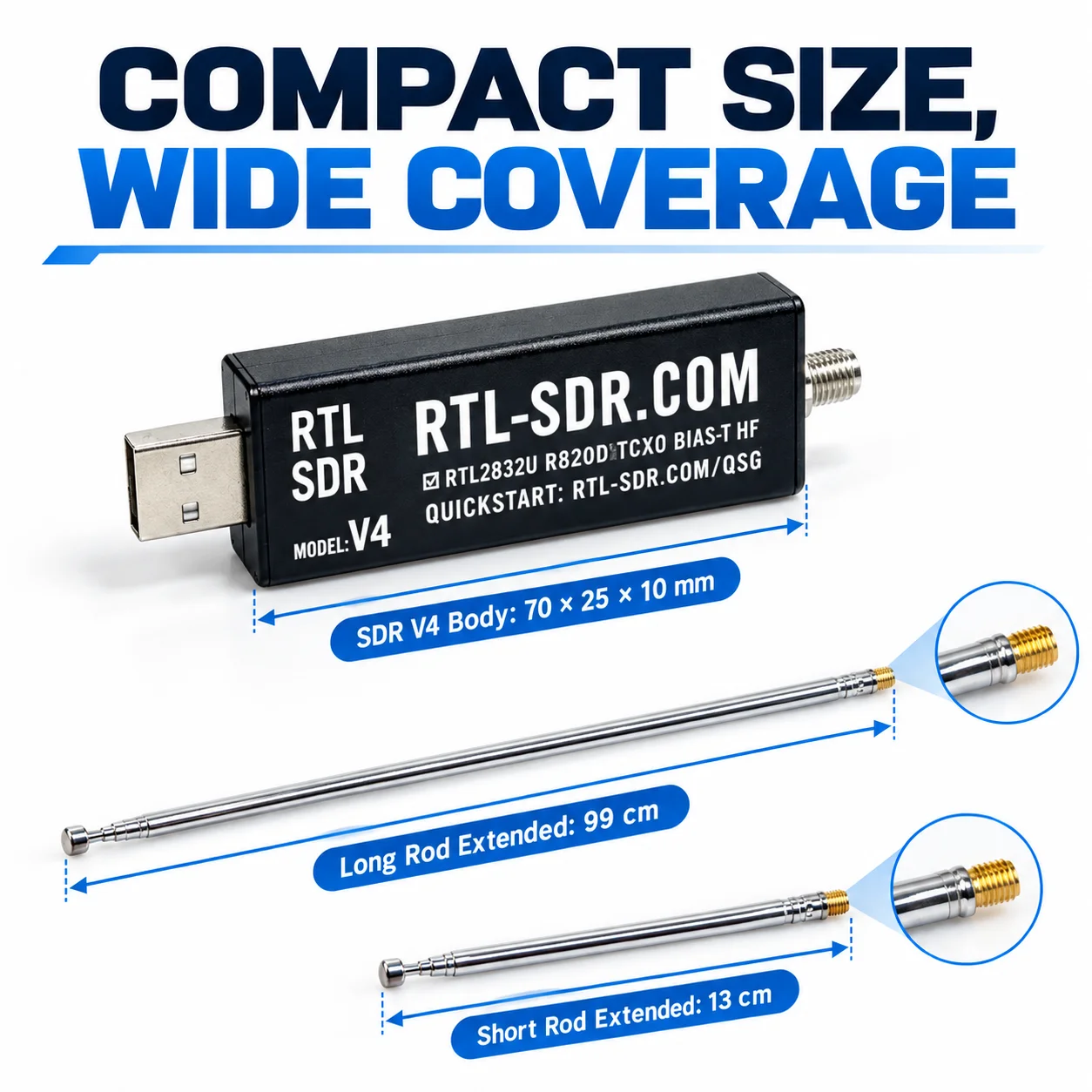 V4Software Defined Radio Receiver Kit 500kHz to 1.766GHz R828D Tuner 1PPM TCXO 180MHz to 6GHz Portable Telescopic Dipole Antenna