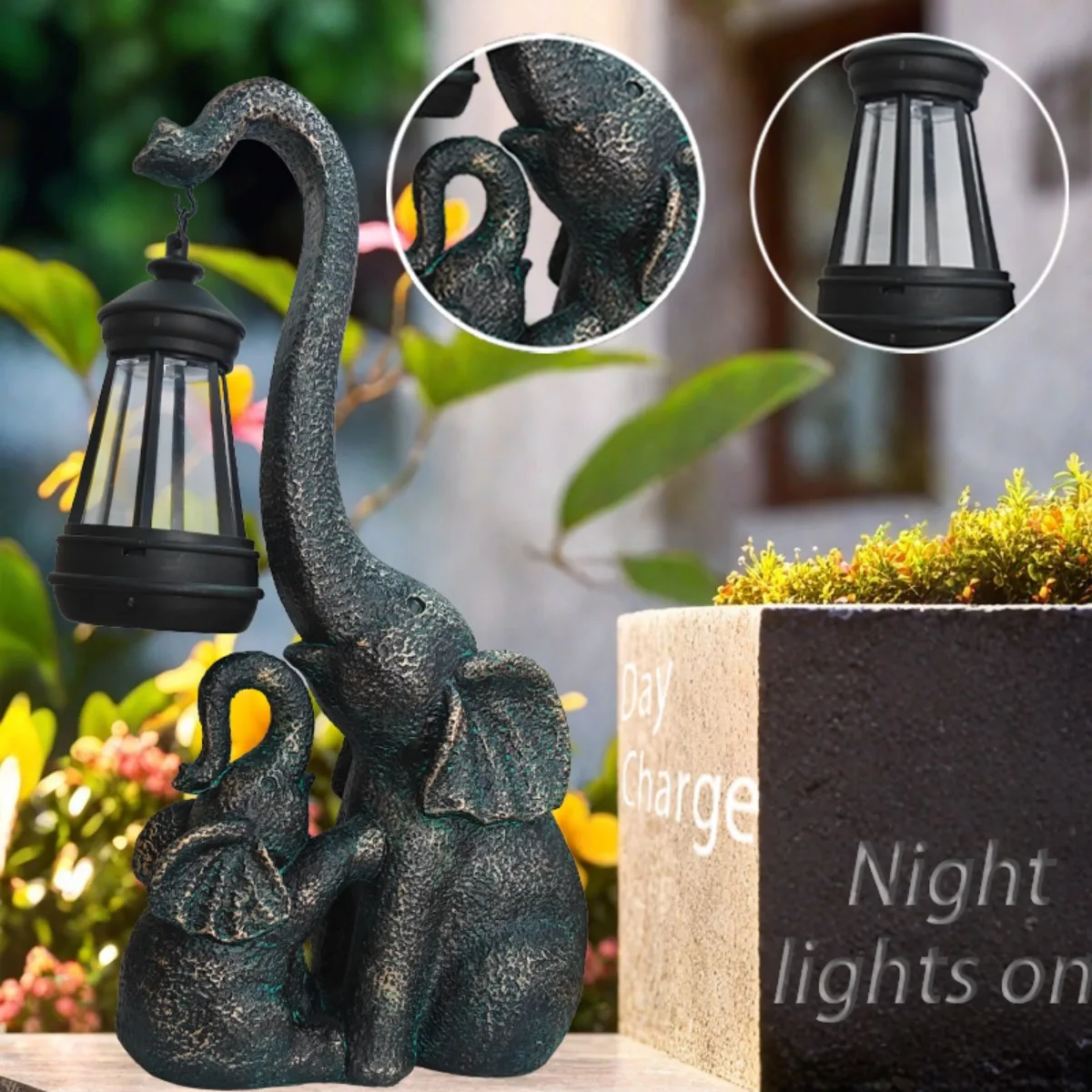Elephant and Mother Elephant Resin Garden Statue Ornament, Solar-Powered Lantern, Solar Light Art Sculpture Decoration.