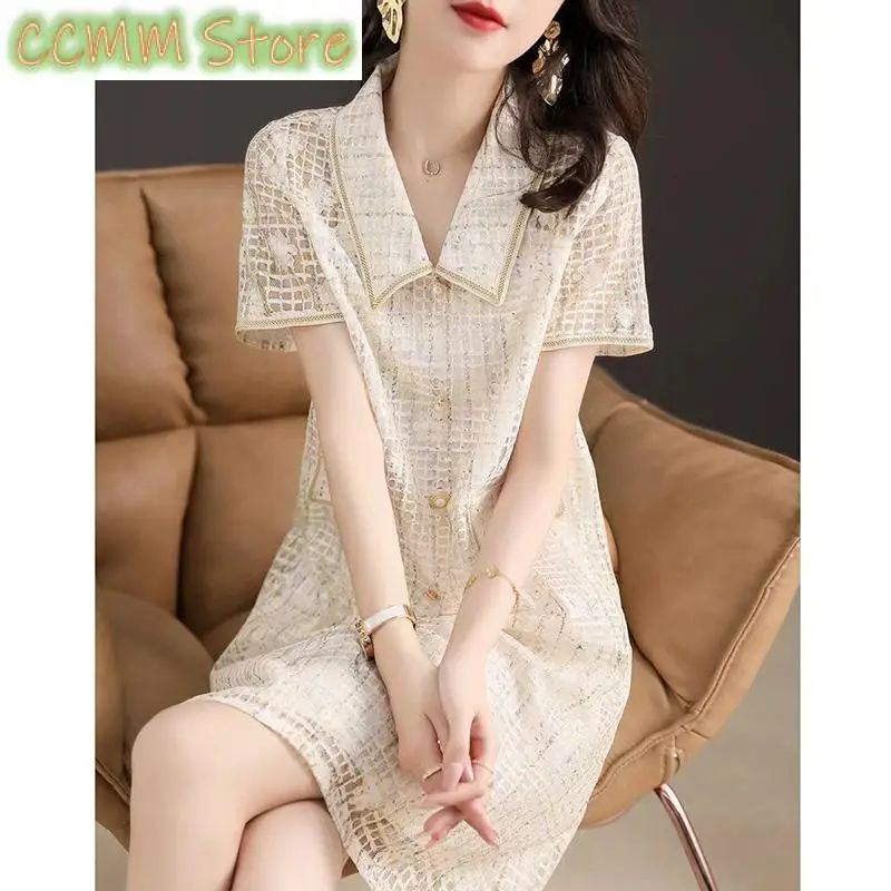 Elegant Lapel Spliced Loose Lace Hollow Out Mini Dress Women's Clothing Summer New Short Sleeve Office Lady Princess Dress