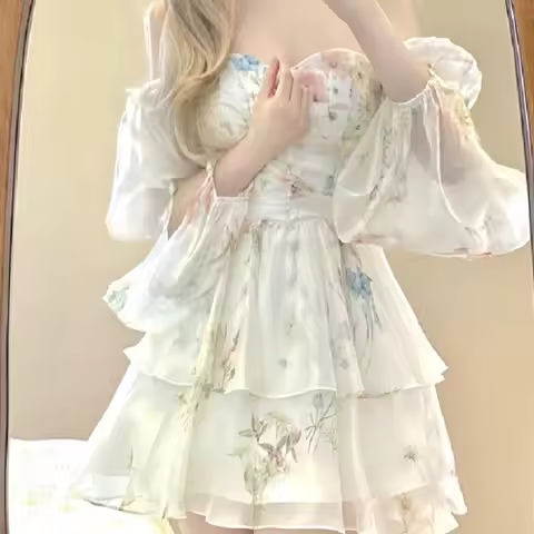 French Elegant Floral Mini Dress Chiffon Long Sleeve Evening Party Dress Women Holiday Beach Boho Fairy Dress Korean Robes