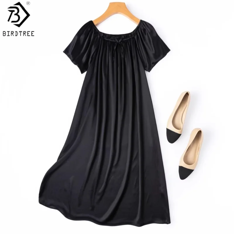 

Birdtree, 21MM 95% Silk Sleep Black Nightgown, Women Plain Satin Short Sleeve Pajama Homewear Dresses, 2026 Spring New D64513JF
