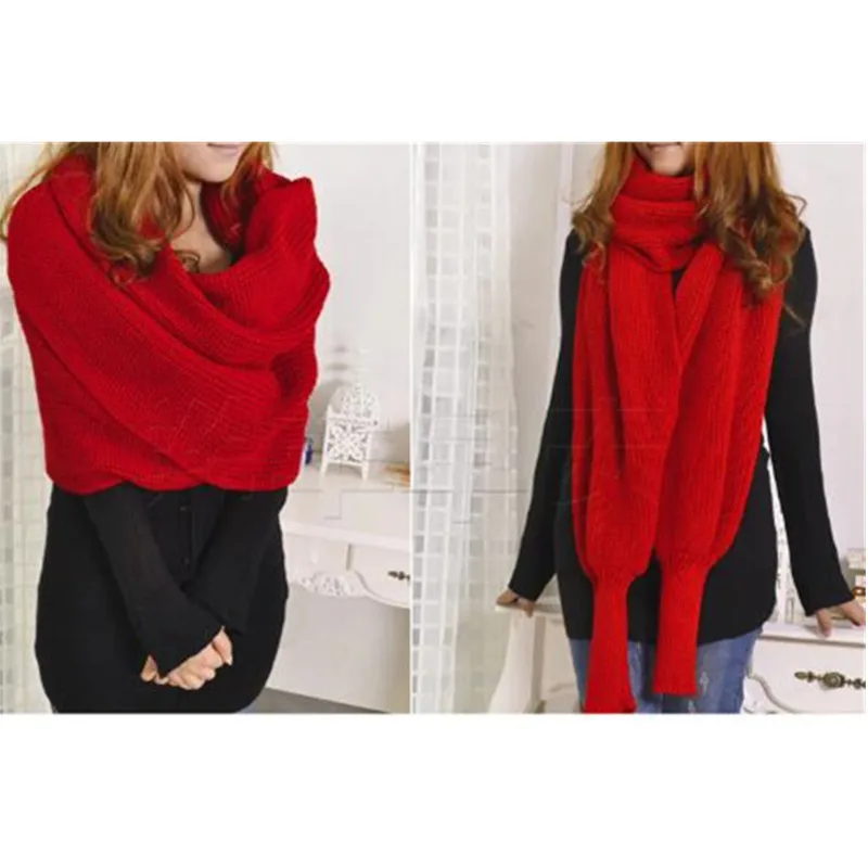 European style Winter women long scarf with sleeves wool knitted scarves for women Thick Warm Casual Shawl High quality