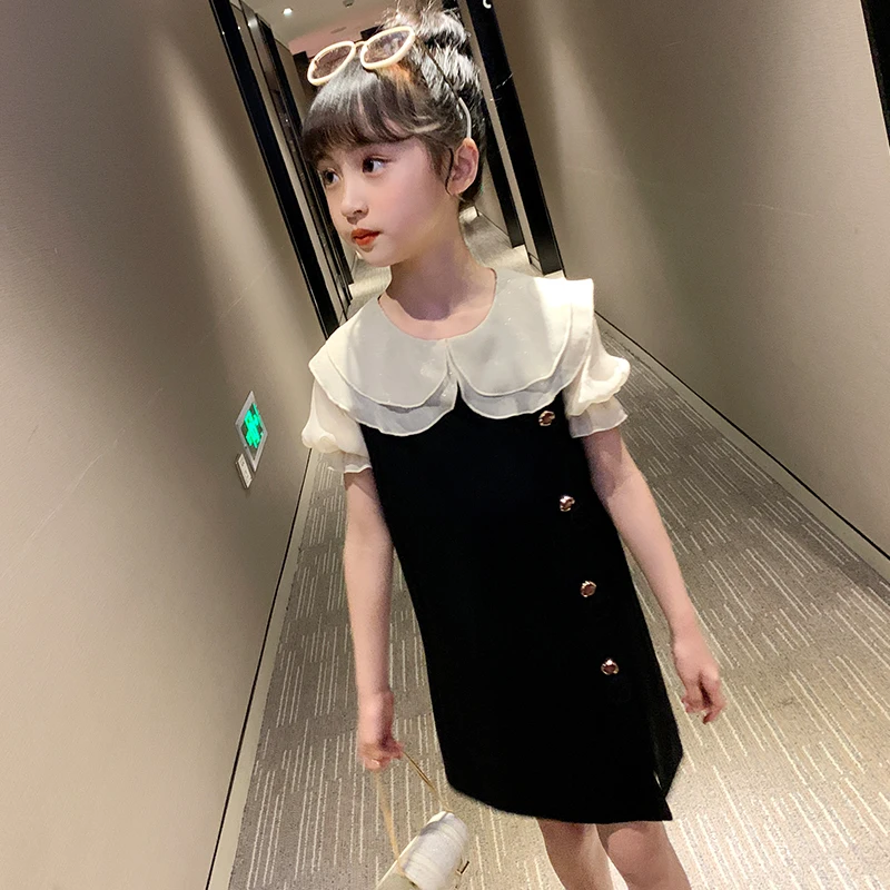 School Kids Child Preppy Layered Collar Summer Dress with Buttons on the Side for Girl Fashion Short Sleeve Streetwear Outfit
