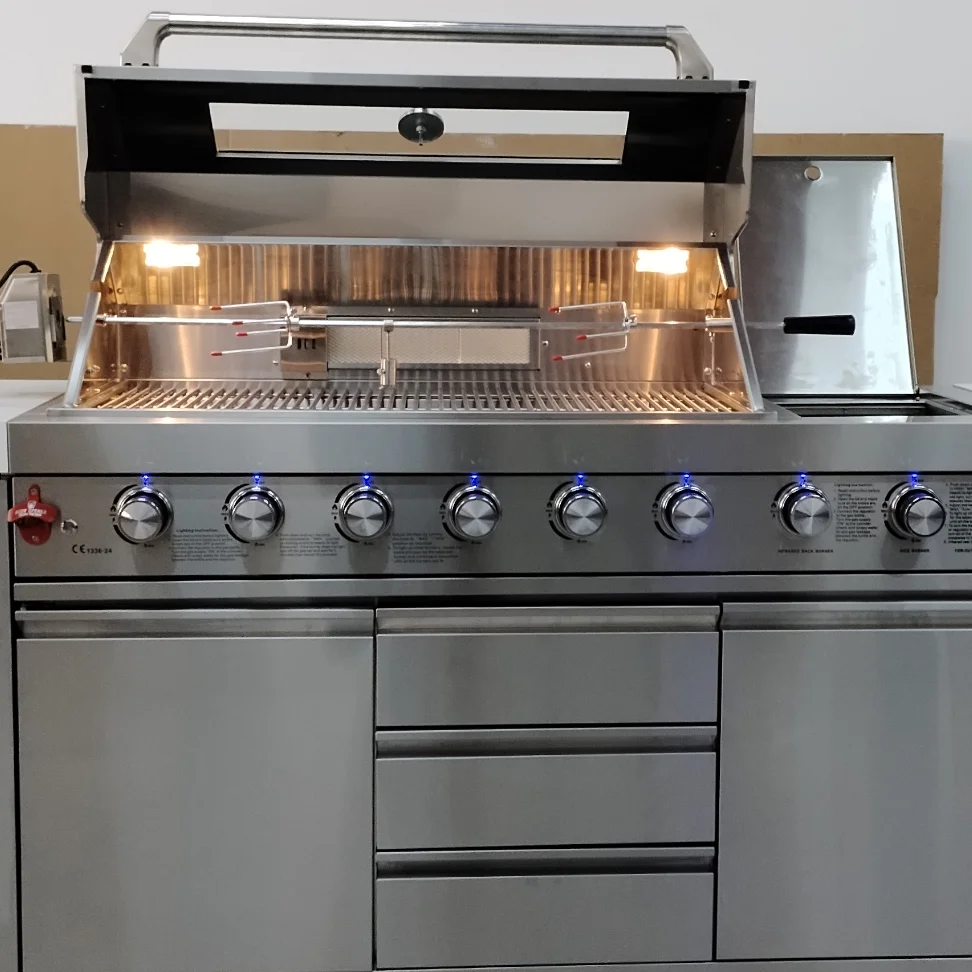 304 Stainless Steel Outdoor Kitchen Cabinet with Tempered Glass Window Gas BBQ Grill and LED Lighting Marble Countertop